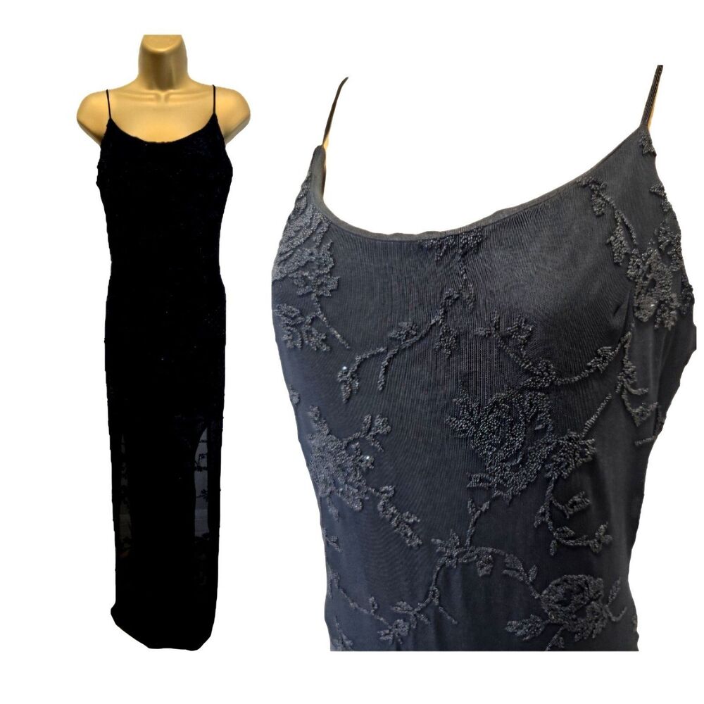 80's Faviana Black Beaded Slip Dress 8 Event Evening Formal Glam Gown Whimsigoth